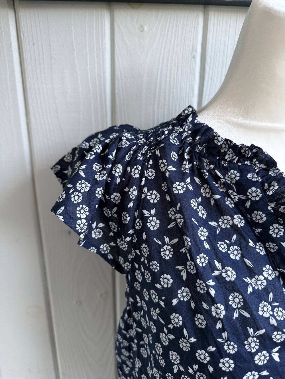 J. Crew Navy White Floral Ruffle V-Neck Blouse - Picture 2 of 5